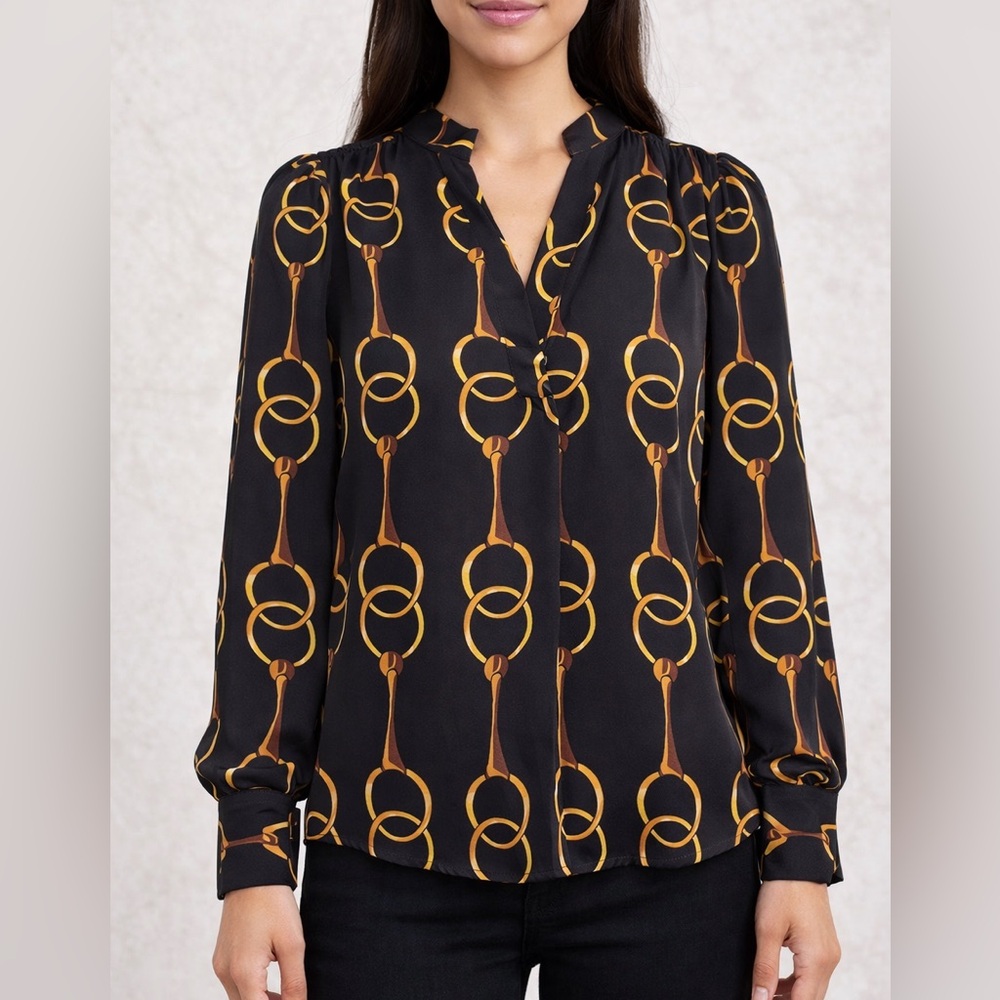 BANANA REPUBLIC Petite XS Chain Print Blouse Black Gold Long Sleeve Top